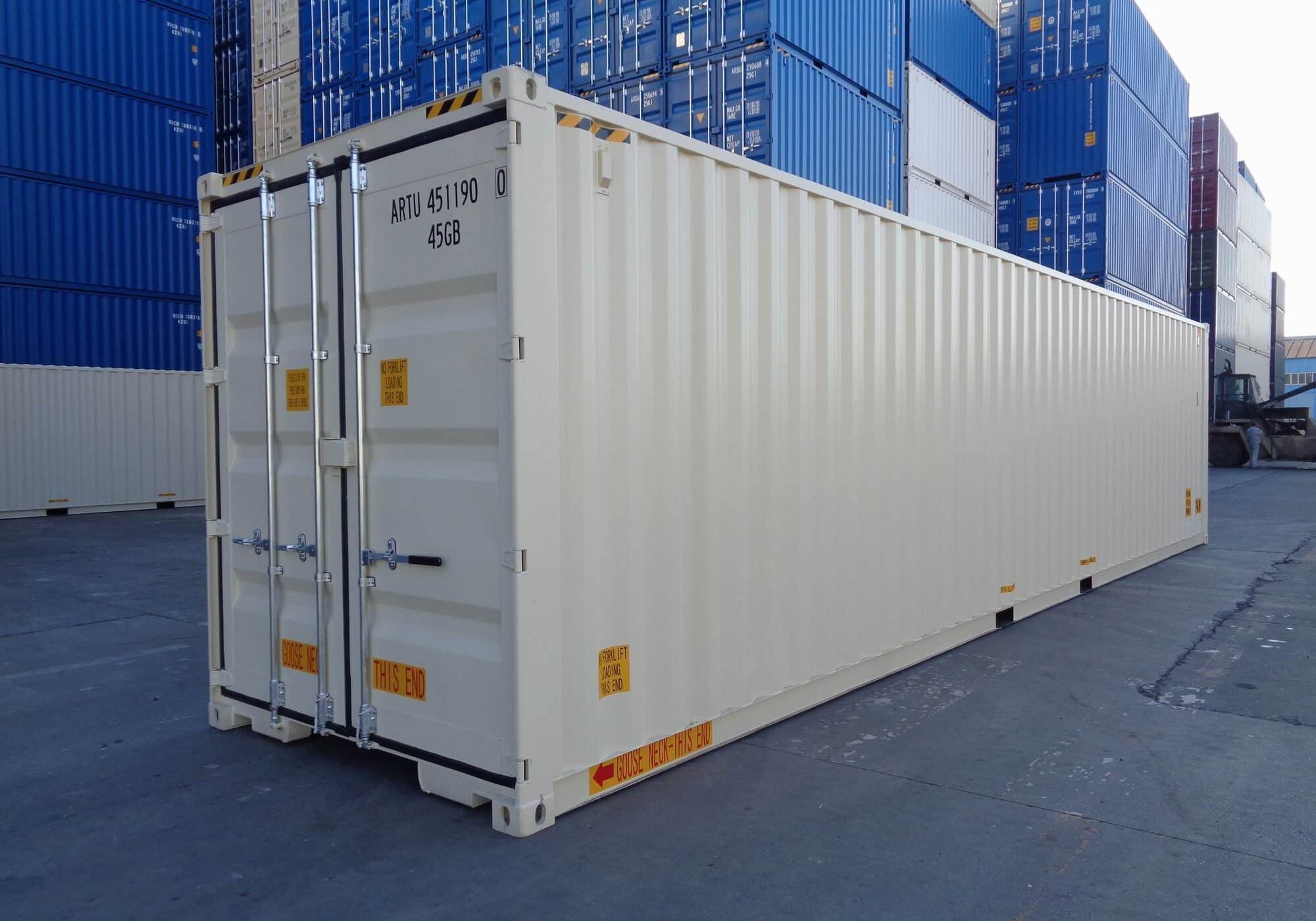 40 ft standard shipping container that is tan